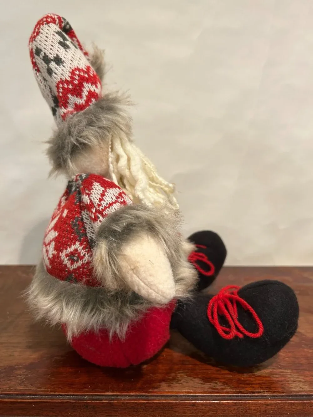 Christmas Holiday Gnome with knit cap and sweater, faux fur trim and yarn beard